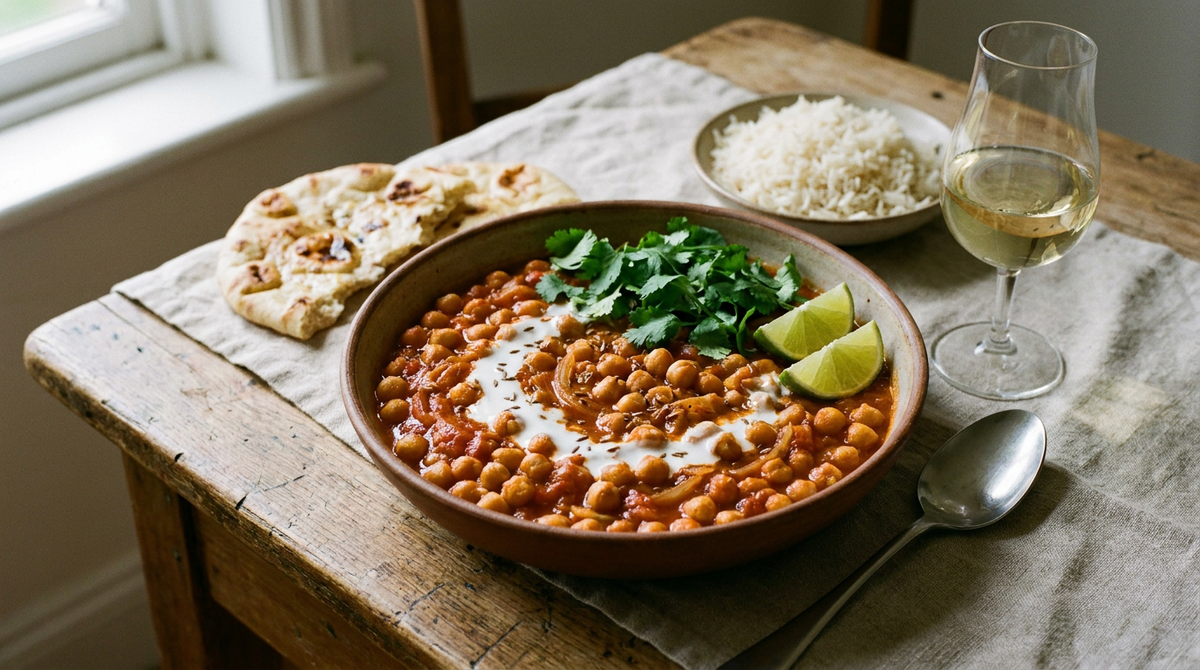 Curry de pois chiches en sauce tomate et coco épaisse, crème de coco, coriandre fraîche et citron vert dans un bol en grès, riz basmati, naan, cuillère à plat, verre de vin blanc pâle sur une table en bois