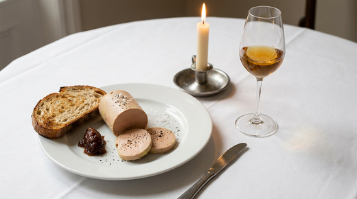 Foie gras au torchon tranché, pain grillé, chutney de figues, nappe blanche, verre de vin liquoreux