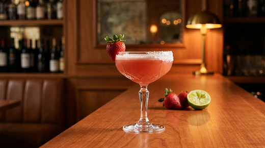 Margarita à la fraise en coupe, bord salé et fraise fraîche, sur un comptoir de merisier