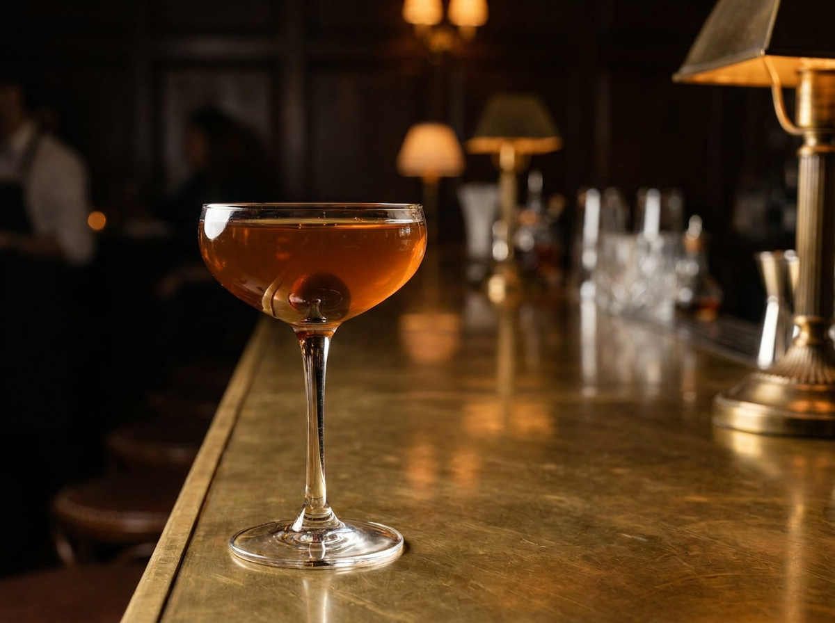 Little Italy : cocktail au rye, vermouth doux et Cynar dans une coupe, ambré, cerise au marasquin
