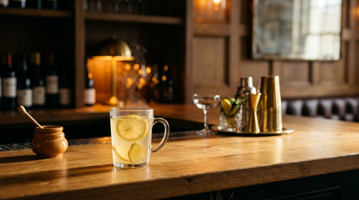Mug en verre d'une infusion chaude au gingembre et au miel dorée, rondelle de citron et tranche de gingembre dedans, pot de miel à côté, sur un comptoir d'orme