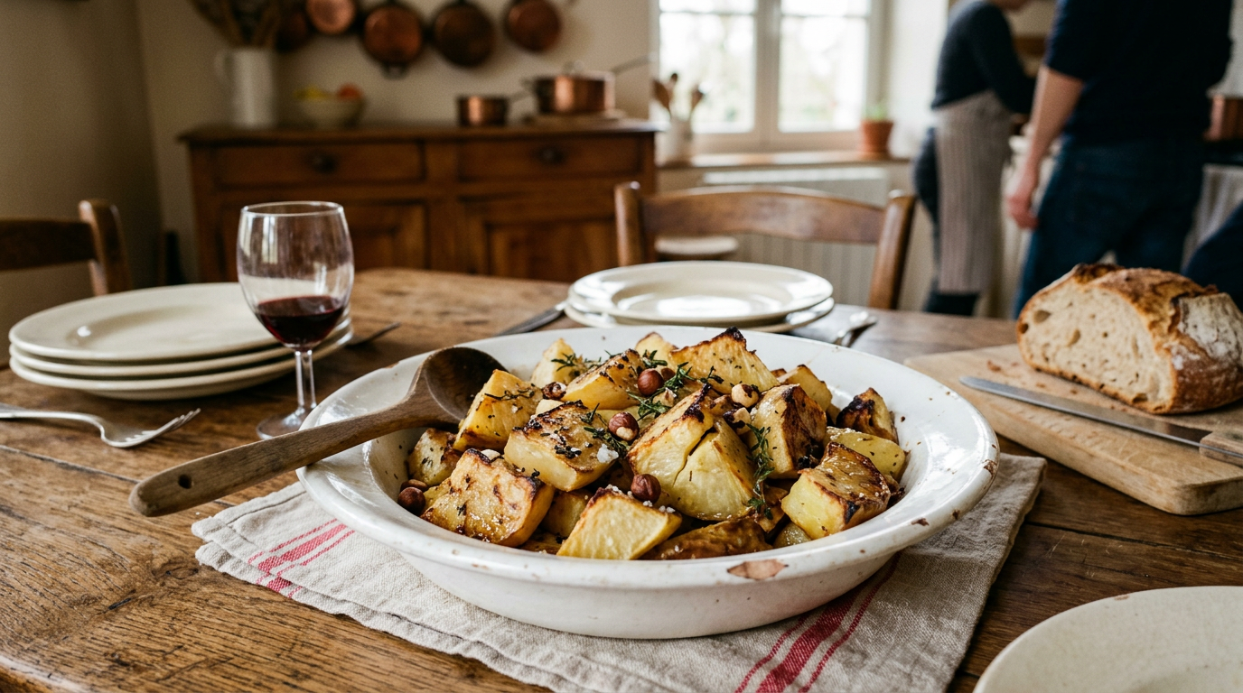 Quartiers de rutabaga rôtis au four aux arêtes caramélisées, thym et noisettes, dans un plat en faïence sur une table de ferme en bois