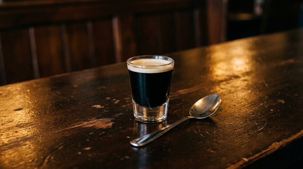 Verre à shooter droit contenant un liquide noir surmonté d'un col beige crème, petite cuillère à côté, comptoir de bois ciré sombre, lumière chaude et basse de pub