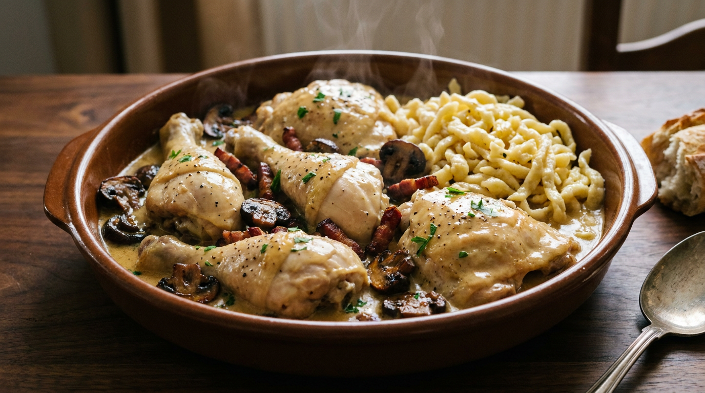 Coq au riesling en cocotte, morceaux ivoire nappés de sauce dorée, champignons et lardons rissolés, spätzle