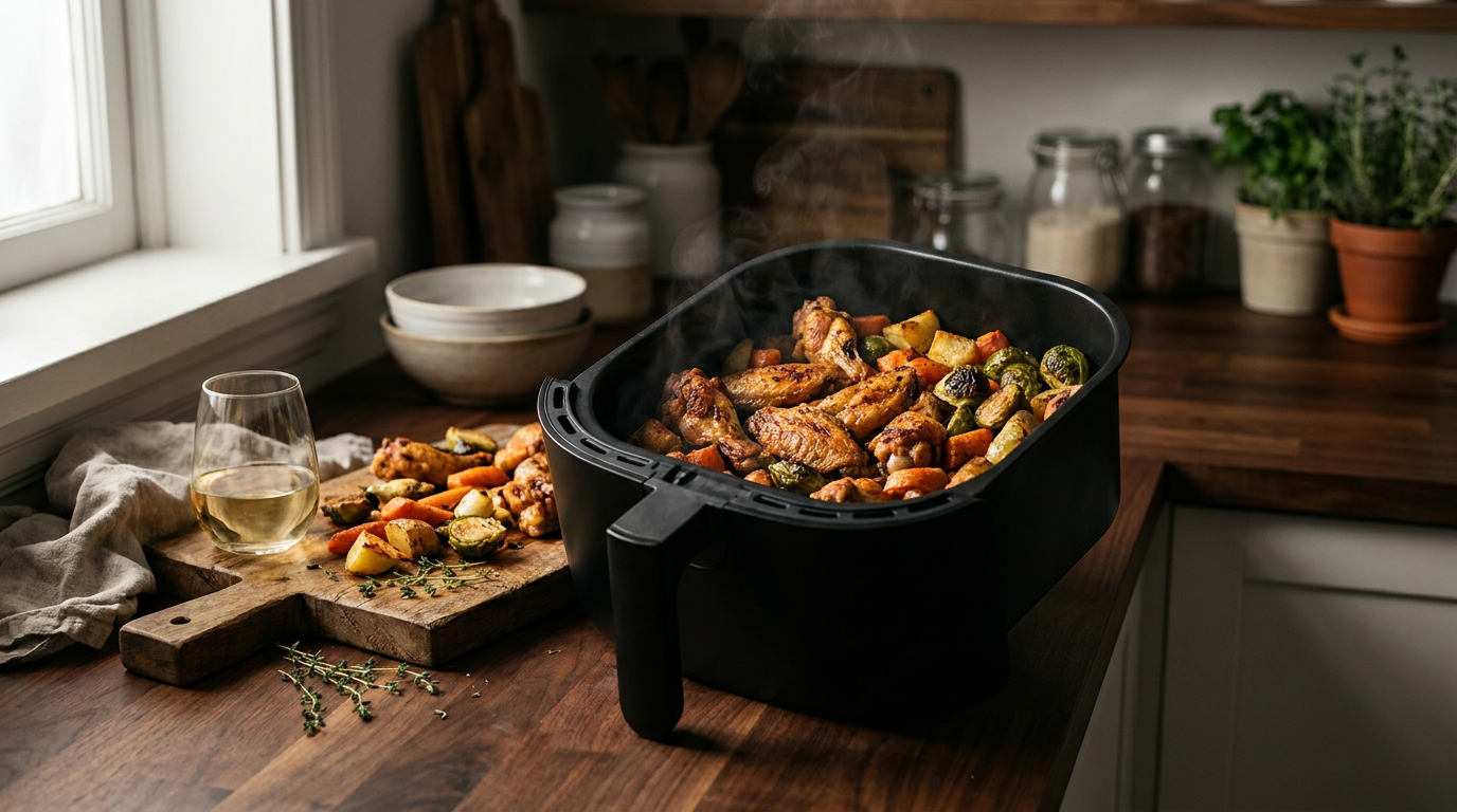 Panier d'air fryer ouvert sur des ailes de poulet et des légumes rôtis, sur un plan de travail en bois
