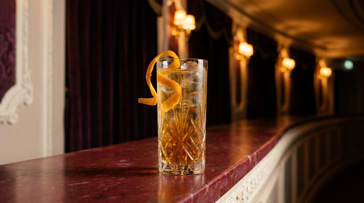 Rivesaltes tonic en verre haut de cristal, glace claire et long zeste d'orange, sur la tablette de marbre du foyer d'un théâtre aux appliques dorées