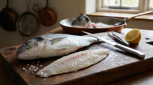 Lever un filet de poisson, dorade royale entière très fraîche sur une planche en bois et un filet levé à la chair nacrée, couteau à filets à plat, pince à arêtes, demi-citron, gros sel, tête et arête dans une poêle en cuivre