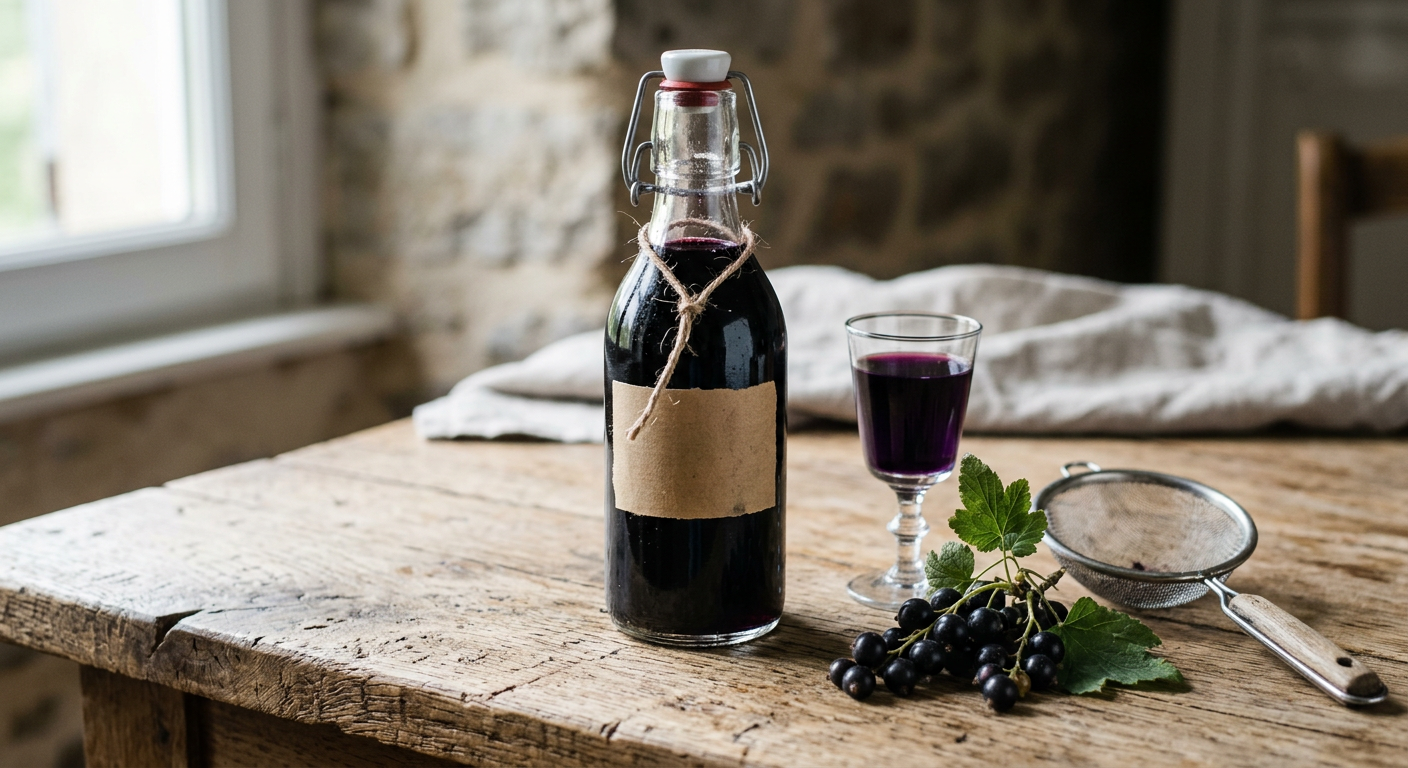 Bouteille à bouchon mécanique remplie d'un liquide violet presque noir, grappe de cassis frais avec ses feuilles, petit verre à liqueur et passoire fine sur une table en bois