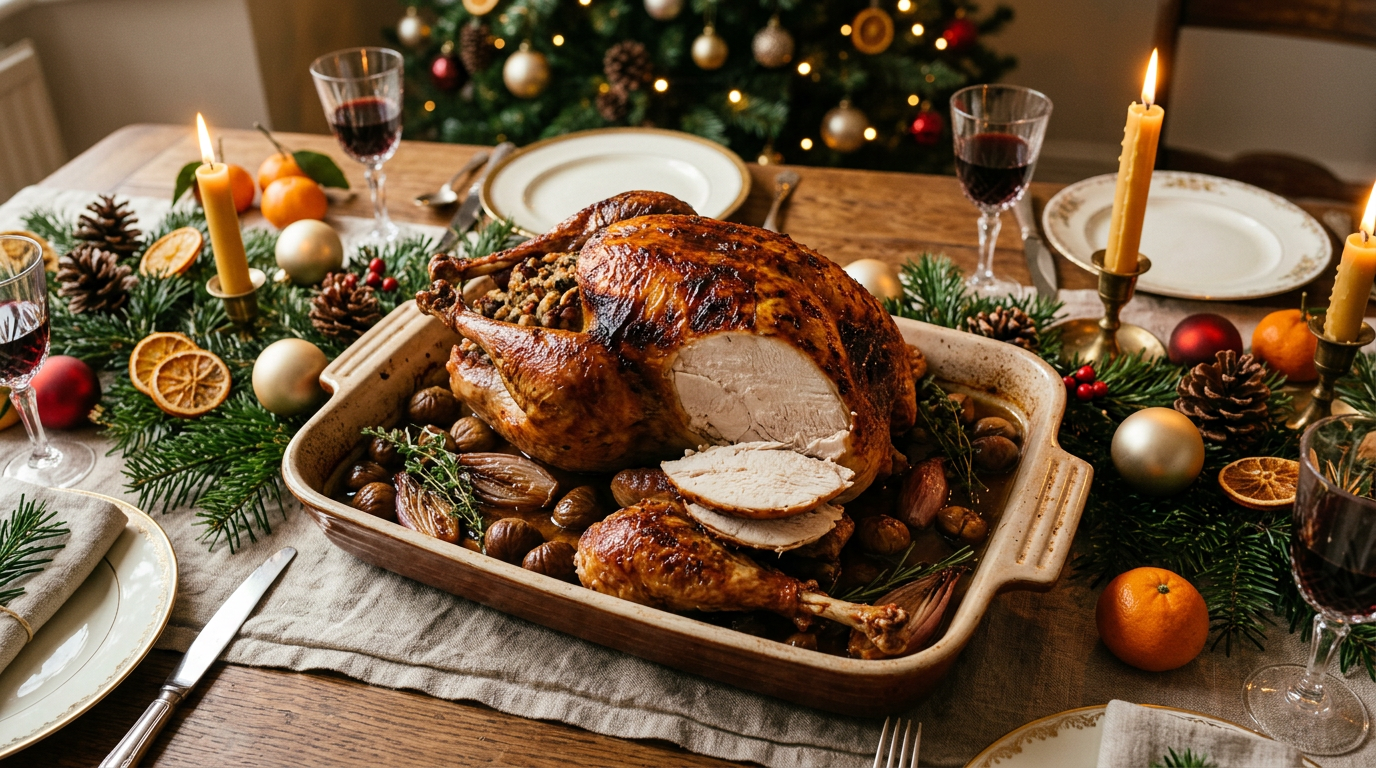 Dinde de Noël rôtie et farcie aux marrons dans son plat, une cuisse détachée et des tranches de blanc juteuses, sur une table de fête avec bougies, sapin décoré et boules dorées