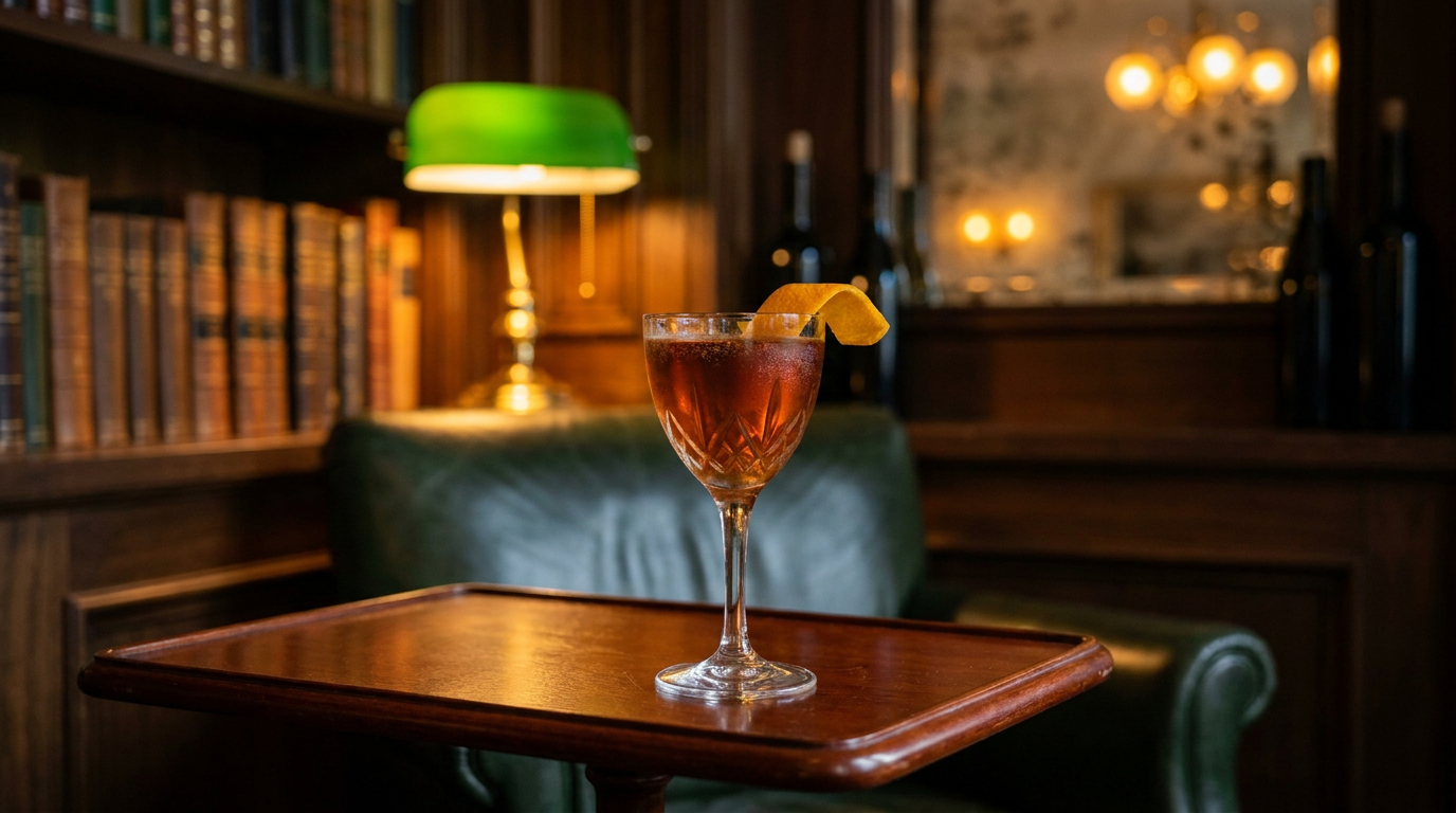Sherry Twist ambré avec zeste d'orange, sur une table d'acajou dans une bibliothèque de club
