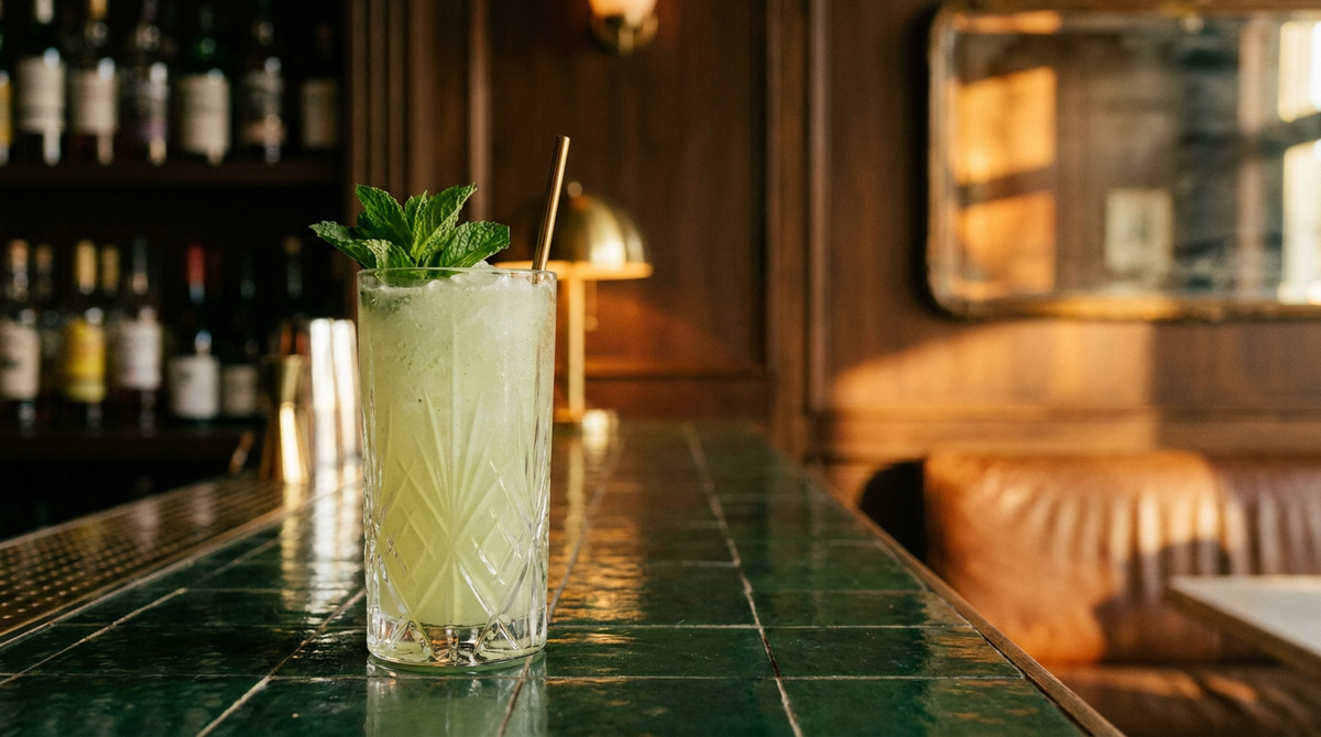 Limonana glacée dans un grand verre, brin de menthe et paille, sur un comptoir de bar en zellige vert
