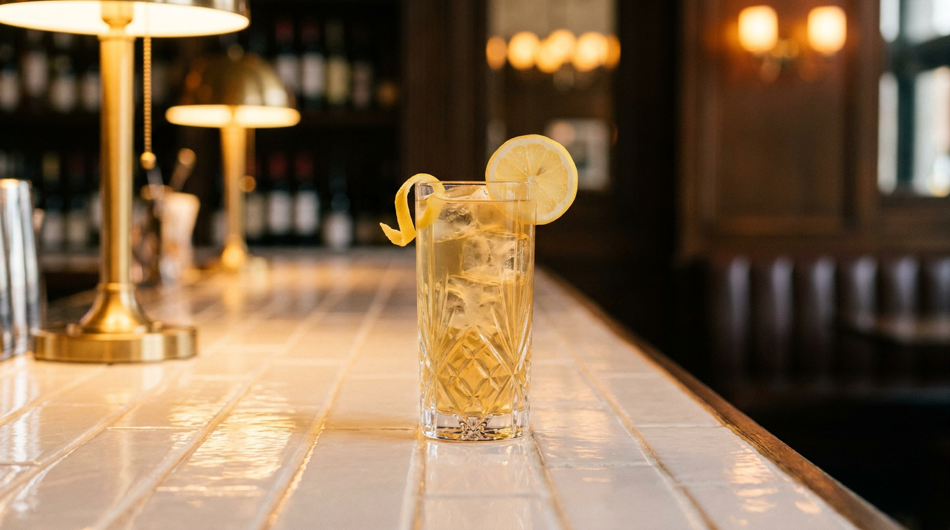 Thé glacé au citron dans un grand verre, rondelle et zeste de citron, sur un comptoir de bar en brique émaillée