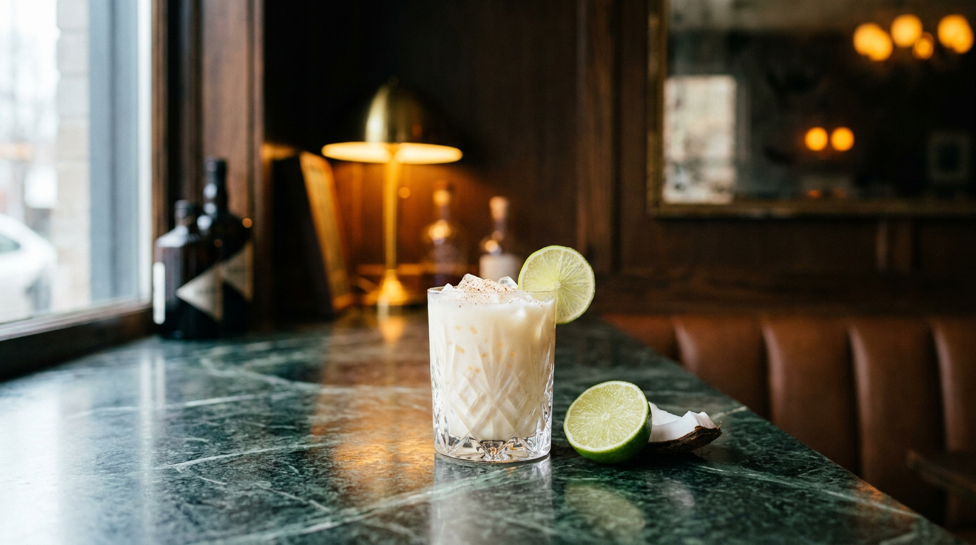 Coco Loco au rhum et à la crème de coco, muscade râpée, sur un comptoir de marbre vert