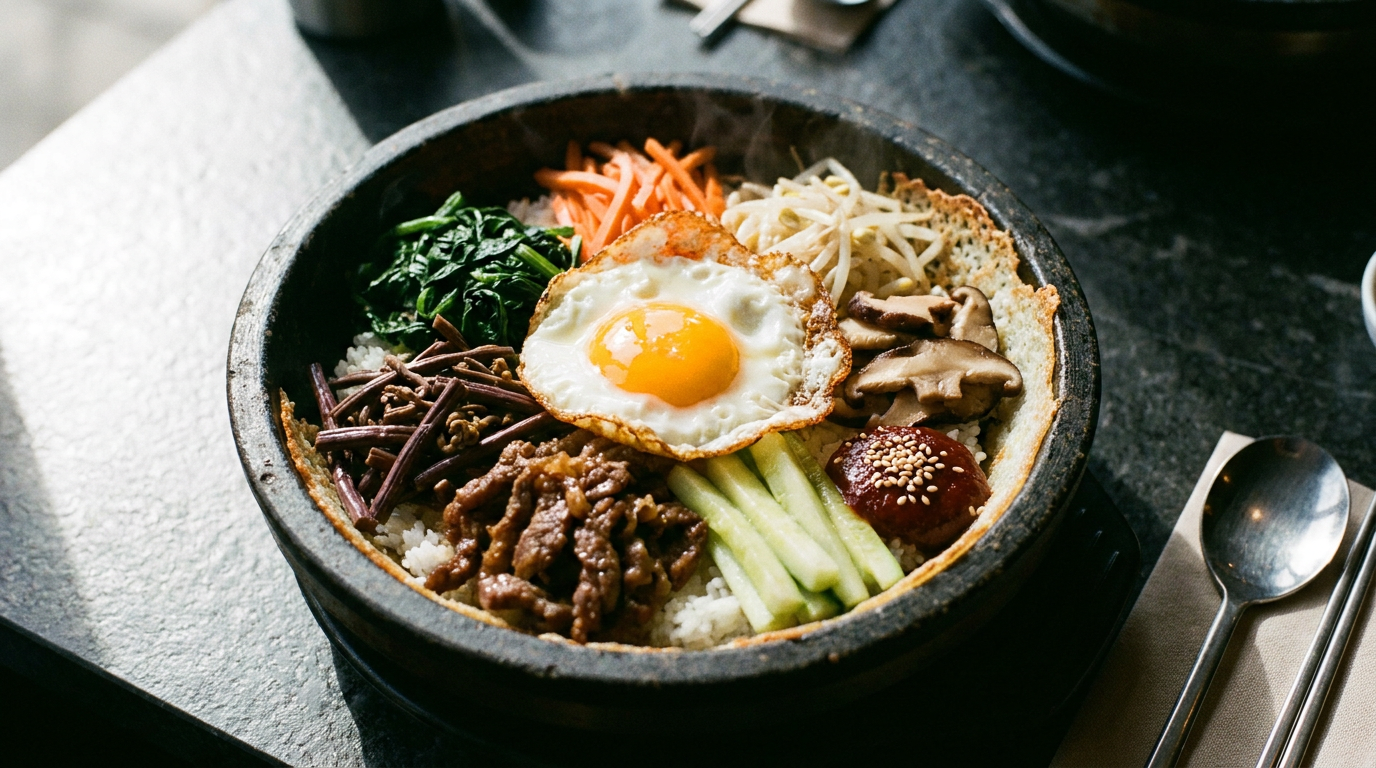 Bibimbap dans un bol de pierre : riz, légumes disposés en quartiers séparés, bœuf mariné, œuf au jaune coulant au centre, gochujang, croûte de riz dorée sur le pourtour