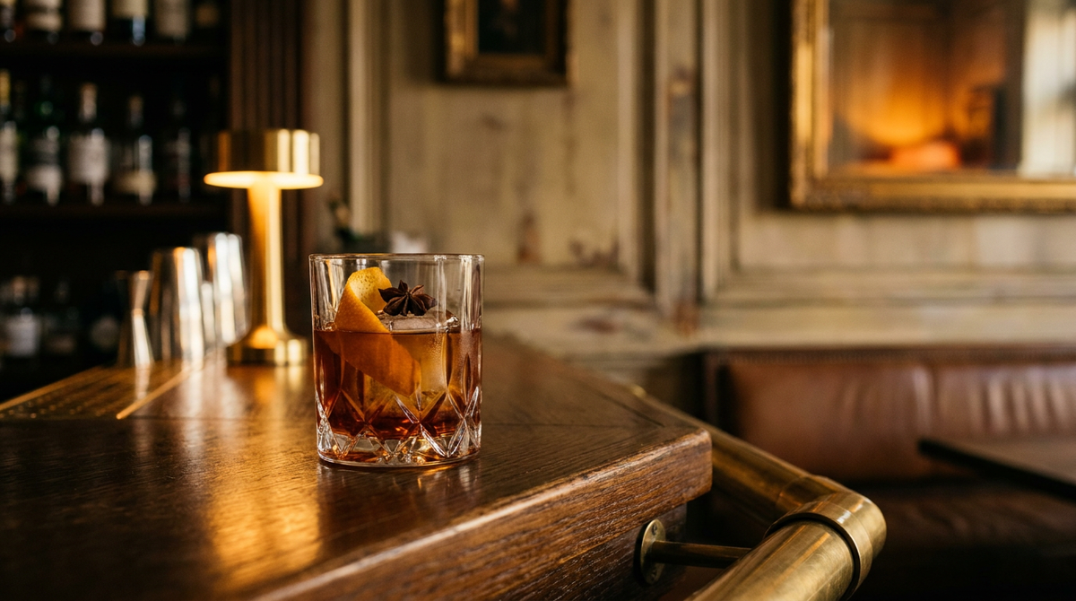 Cocktail au pain d'épices ambré foncé sur un gros glaçon, zeste d'orange et badiane, comptoir de bar en chêne
