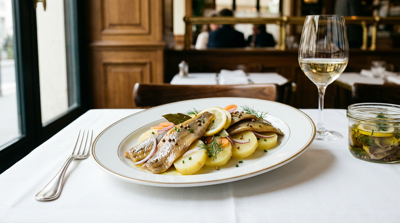 Filets de hareng fumé marinés à l'huile et rondelles de pommes de terre tièdes dans une assiette à liséré doré, avec oignon, carotte, citron, laurier et baies de coriandre