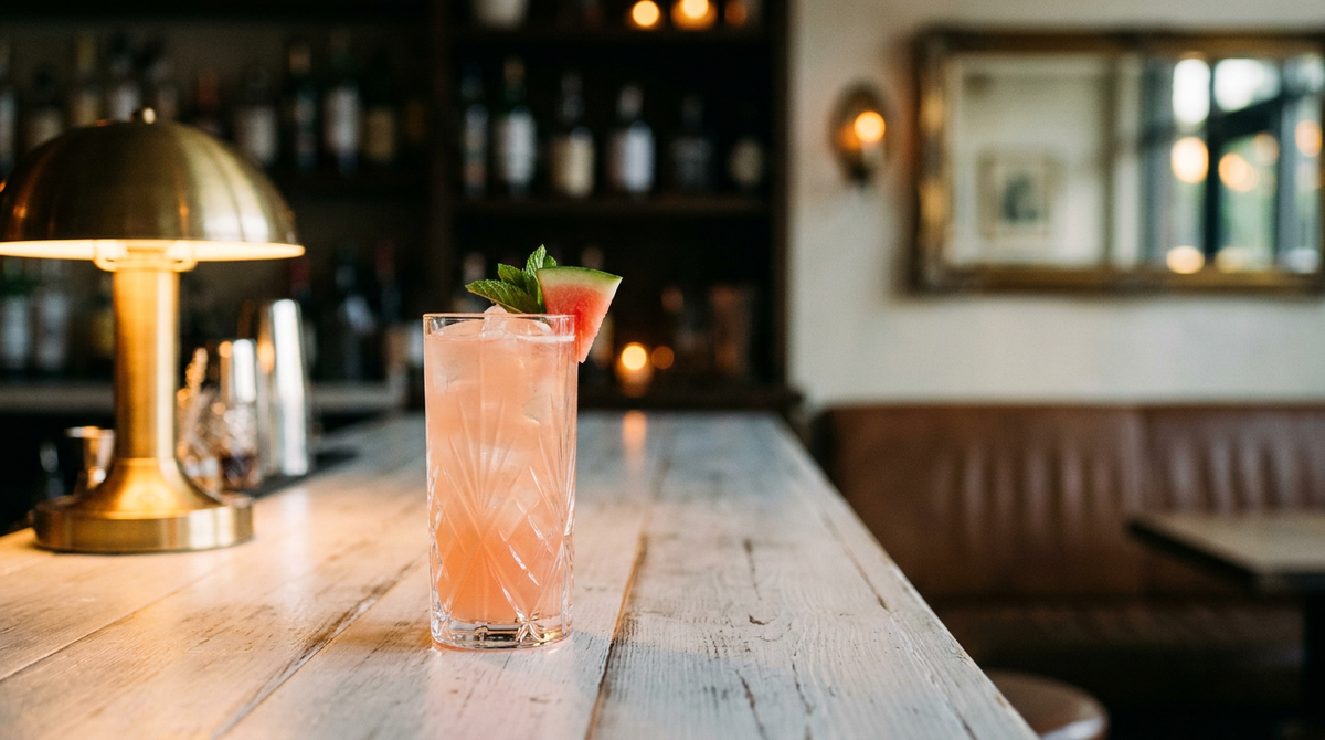 Agua fresca à la pastèque dans un grand verre, triangle de pastèque et menthe, bois blanchi