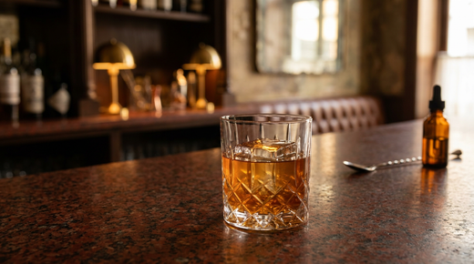 Paddy Cocktail ambré sur un gros glaçon dans un verre bas taillé, sans garniture, comptoir de granit Imperial Red