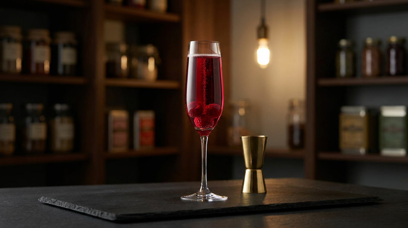 Cocktail Carol Channing en flûte de cristal, rouge framboise, sur une ardoise noire