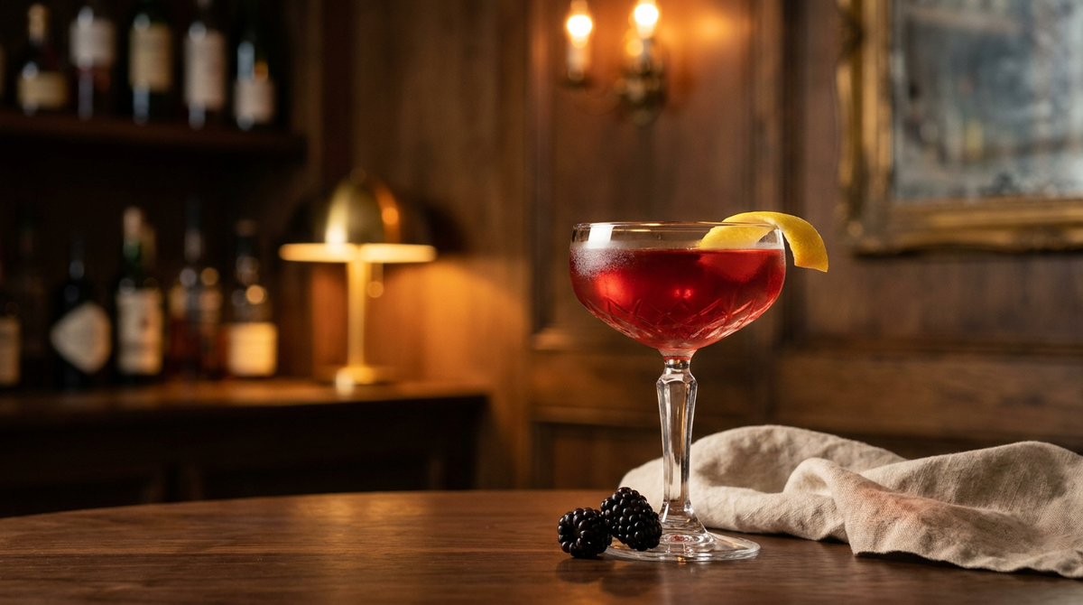 Cosmopolitan à la mûre rouge sombre dans une coupe, zeste de citron, mûres au pied du verre, table en noyer