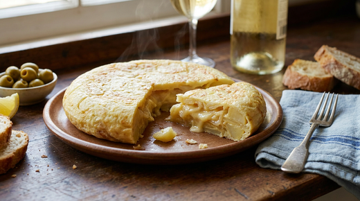 Tortilla espagnole épaisse sur une assiette, une part coupée montrant un cœur moelleux et des lamelles de pomme de terre
