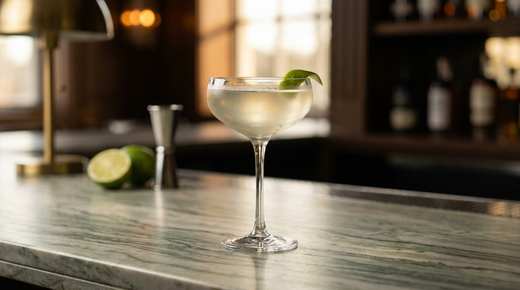 Picador paille très clair dans une coupe, zeste de citron vert sur le bord, comptoir de marbre Cipollino