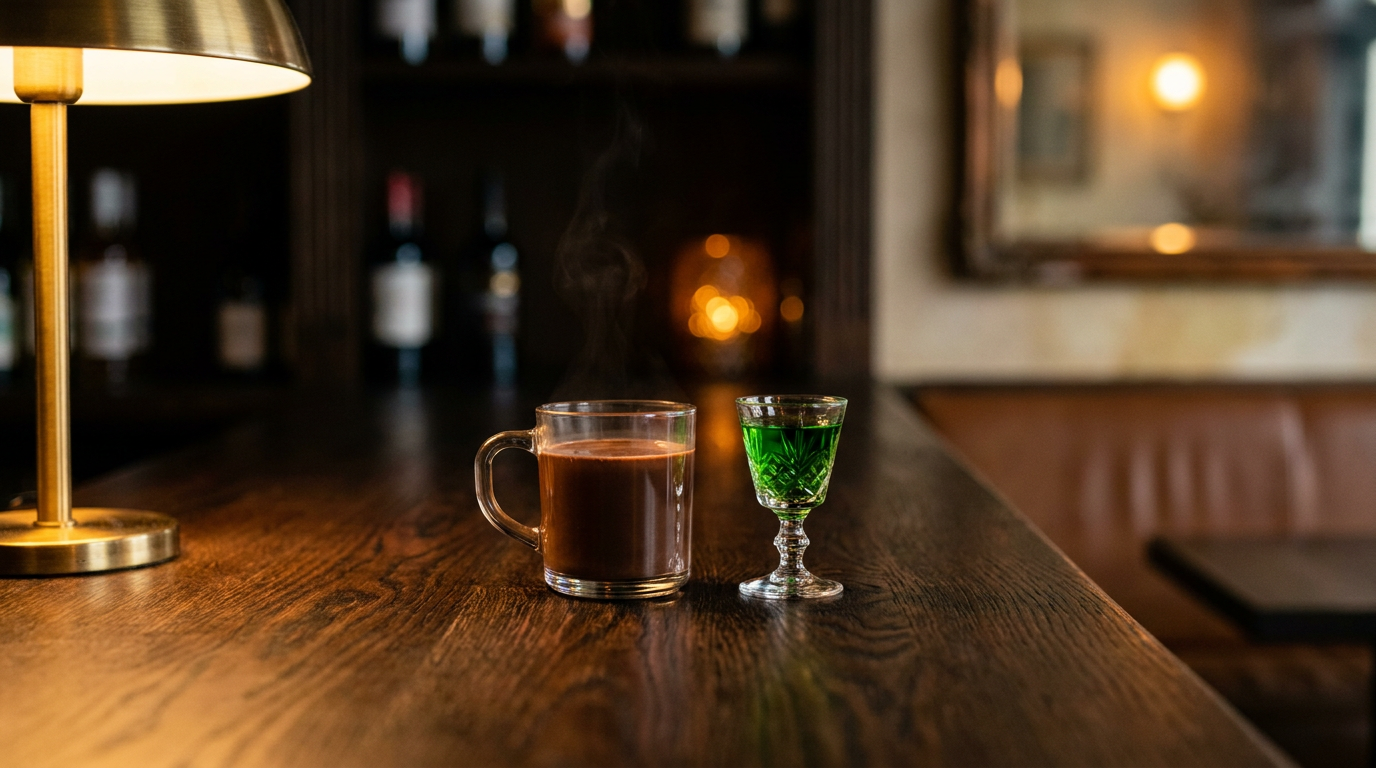 Mug en verre de chocolat chaud épais et fumant, à côté d'un petit verre à liqueur vert vif, sur un comptoir de chêne fumé à la lampe de laiton