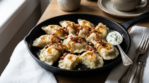Pierogi polonais dorés au beurre dans une poêle en fonte, oignons confits et lardons, crème aigre à la ciboulette