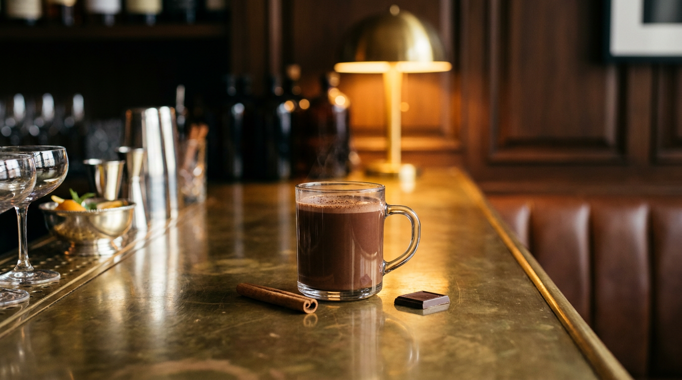 Mug en verre d'un chocolat chaud épais et épicé, bâton de cannelle et carré de chocolat noir posés à côté, sur un comptoir de laiton patiné