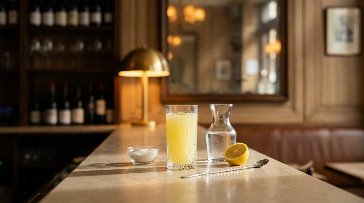 Citron pressé servi à la française, verre de jus, carafe d'eau et coupelle de sucre, comptoir de pierre beige