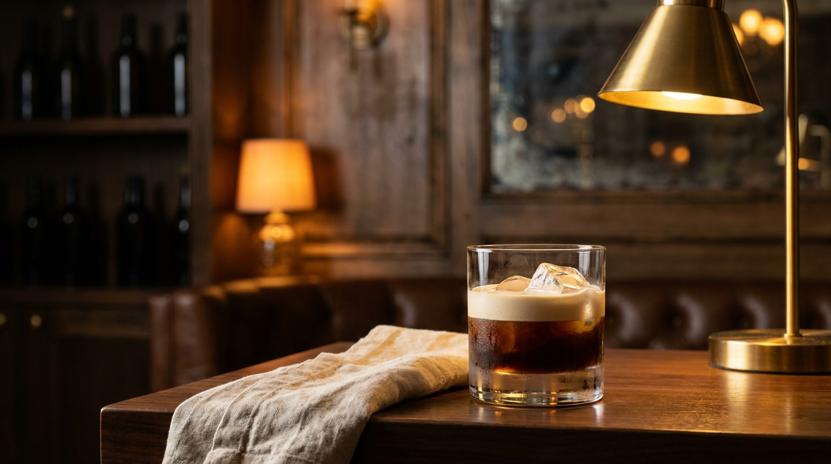 White Russian sans alcool en deux couches, crème blanche sur café foncé, dans un verre bas sur glace, table en noyer