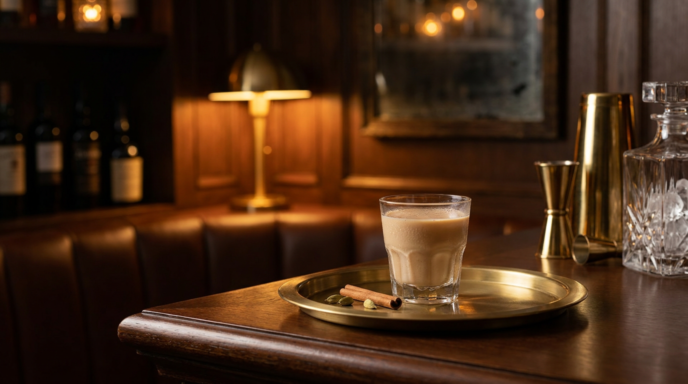 Masala chai dans un petit verre, bâton de cannelle et gousses de cardamome, plateau de laiton brossé