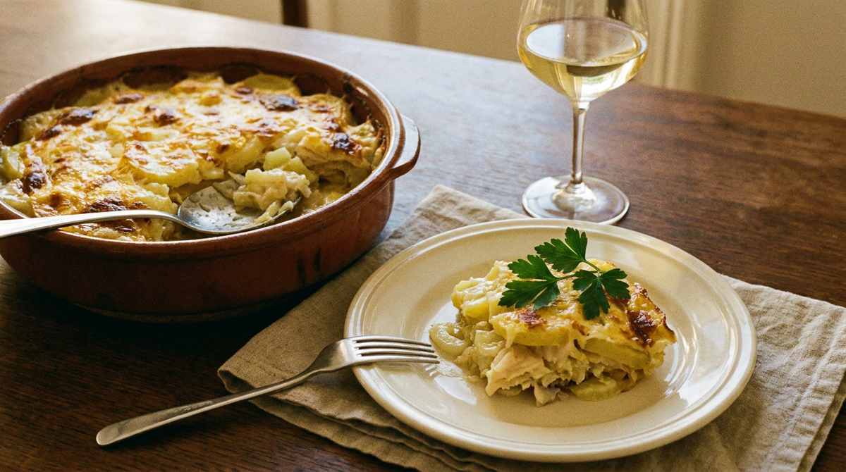 Plat de bacalhau com natas gratiné doré, une part servie dans une assiette avec morue effeuillée, pommes de terre et crème, persil, verre de vin blanc
