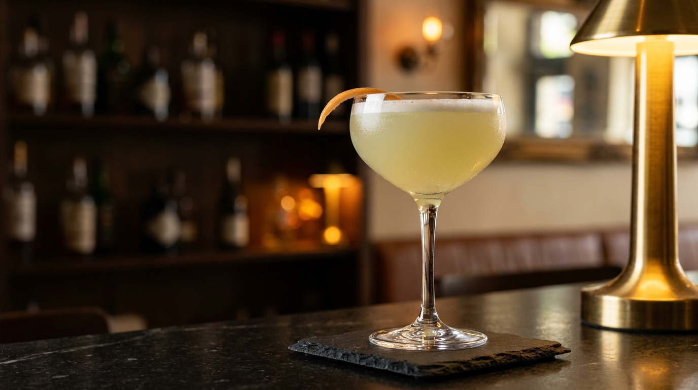 Coupe en cristal d'un cocktail jaune-vert trouble et légèrement mousseux, zeste de pamplemousse taillé sur le bord, sur une ardoise noire au comptoir d'un bar chic