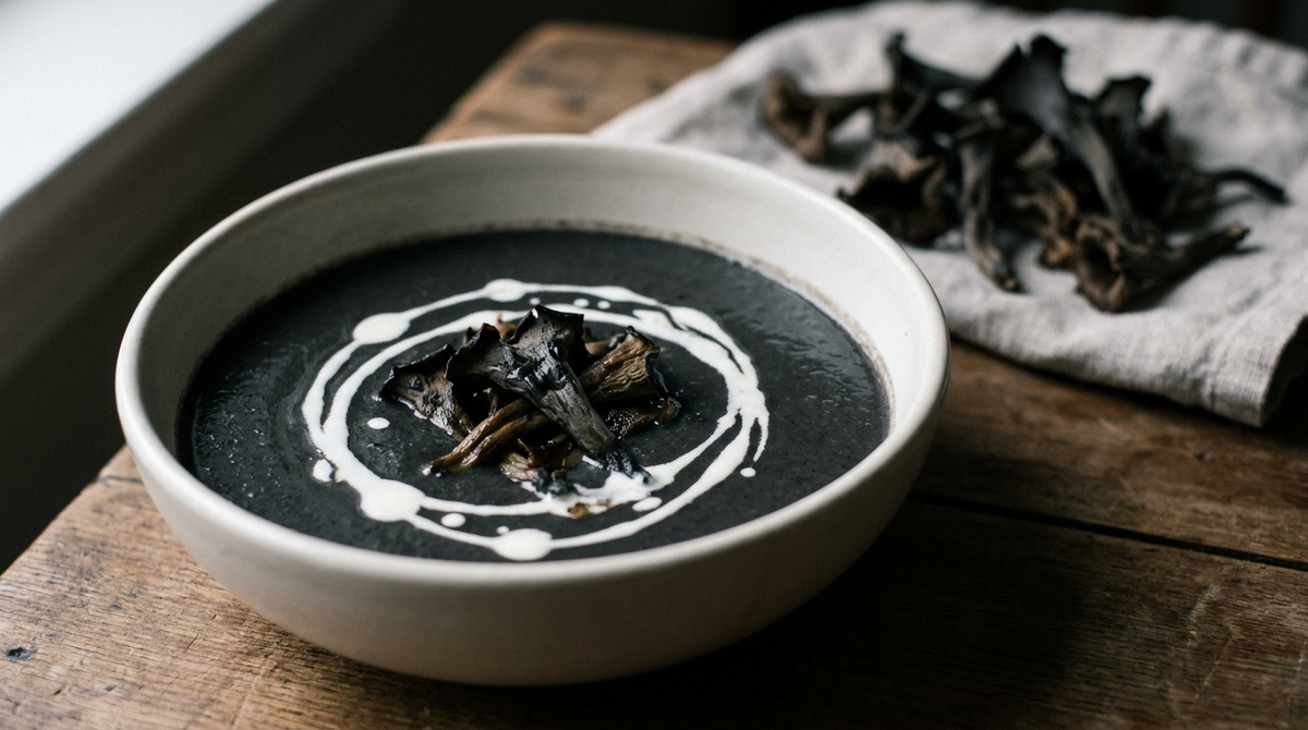 Velouté de trompettes de la mort presque noir dans un bol en grès blanc cassé, spirale de crème et trompettes poêlées au centre, trompettes séchées sur un linge de lin