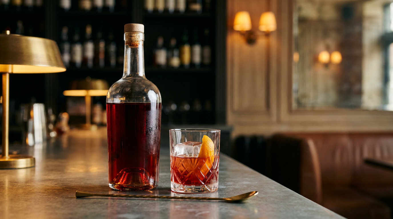 Bouteille de negroni préparé d'avance et verre bas servi sur un comptoir de zinc