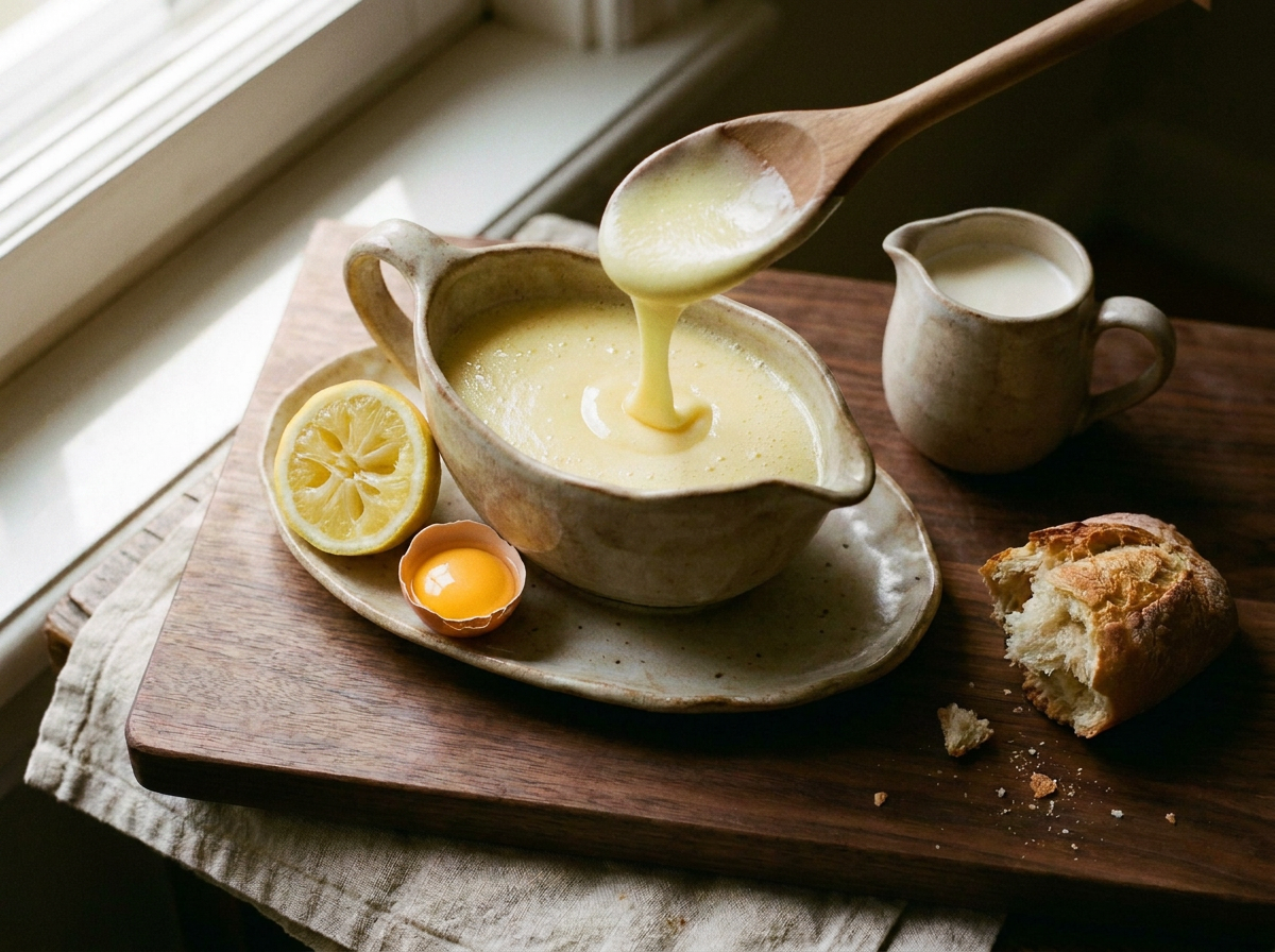 Sauce bâtarde jaune pâle et mousseuse dans une saucière en grès, jaune d’œuf dans sa coquille et citron pressé