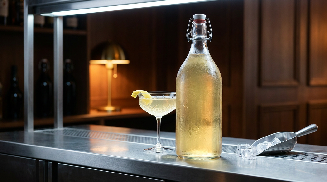Grande bouteille scellée à bouchon mécanique remplie de cocktail batché, coupe de cristal servie, comptoir de bar en inox brossé