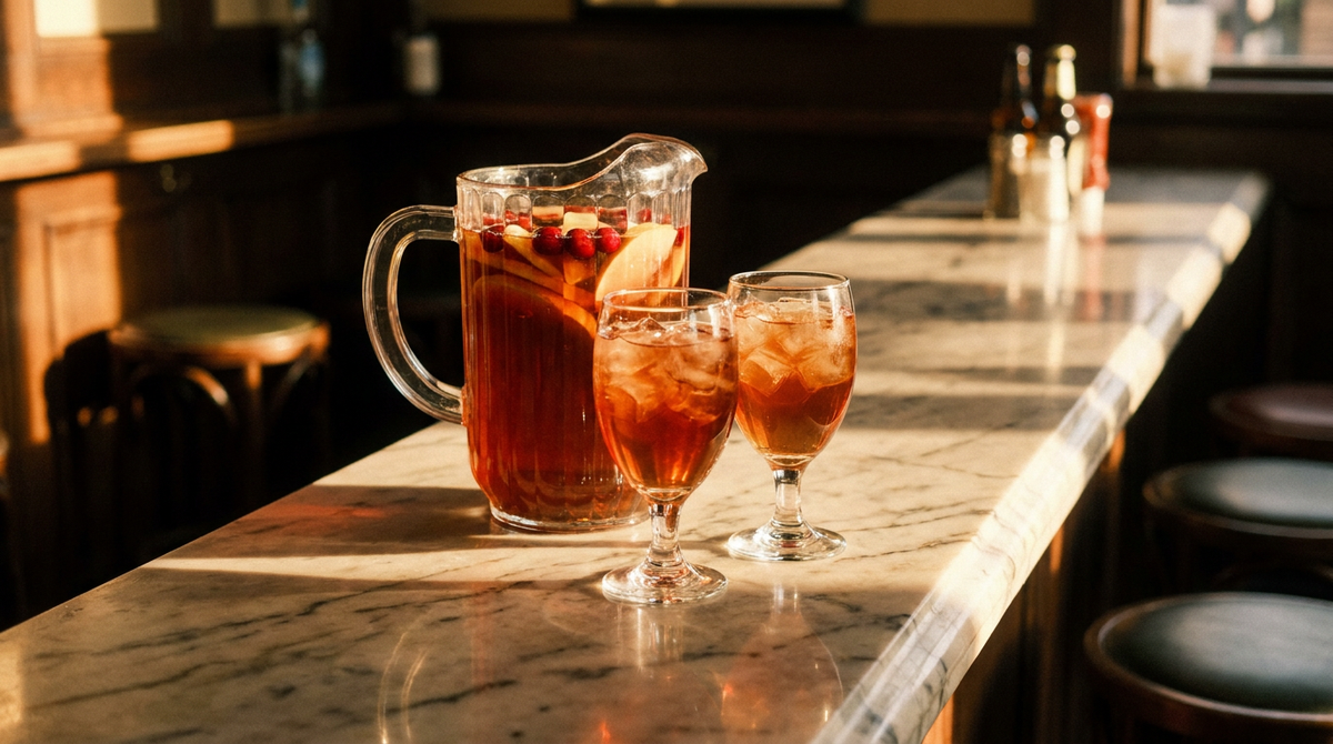 Pichet en verre de cocktail rouge orangé et deux verres à pied remplis sur glace, quartiers de pomme et cranberries, comptoir de marbre veiné, lumière chaude de fin d'automne