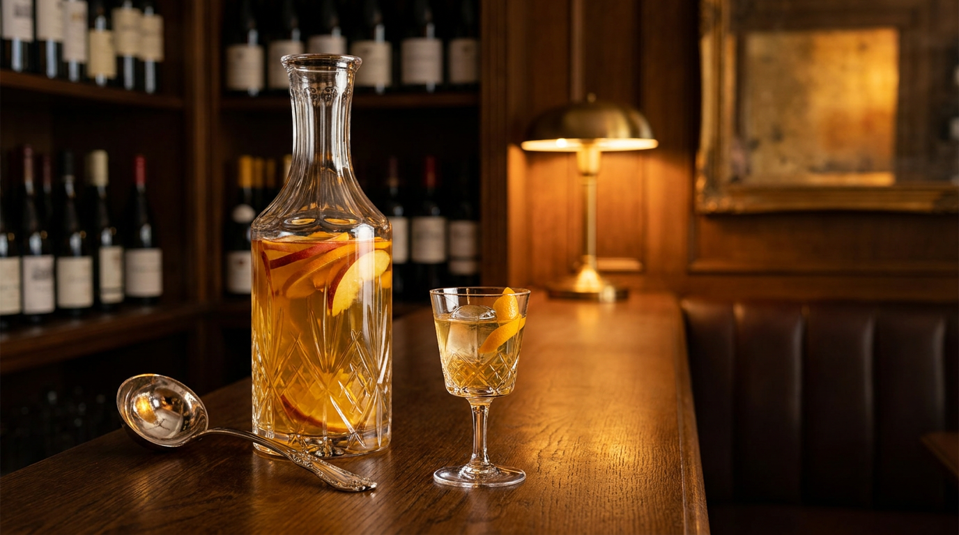Carafe de punch au vin moelleux doré avec des tranches de fruits, louche posée et petit verre à pied servi devant, sur un comptoir de caviste