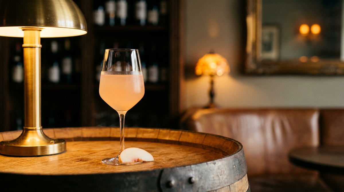 Kir à la pêche rose pâle dans un verre à pied posé sur un fond de fût, lamelle de pêche blanche à côté