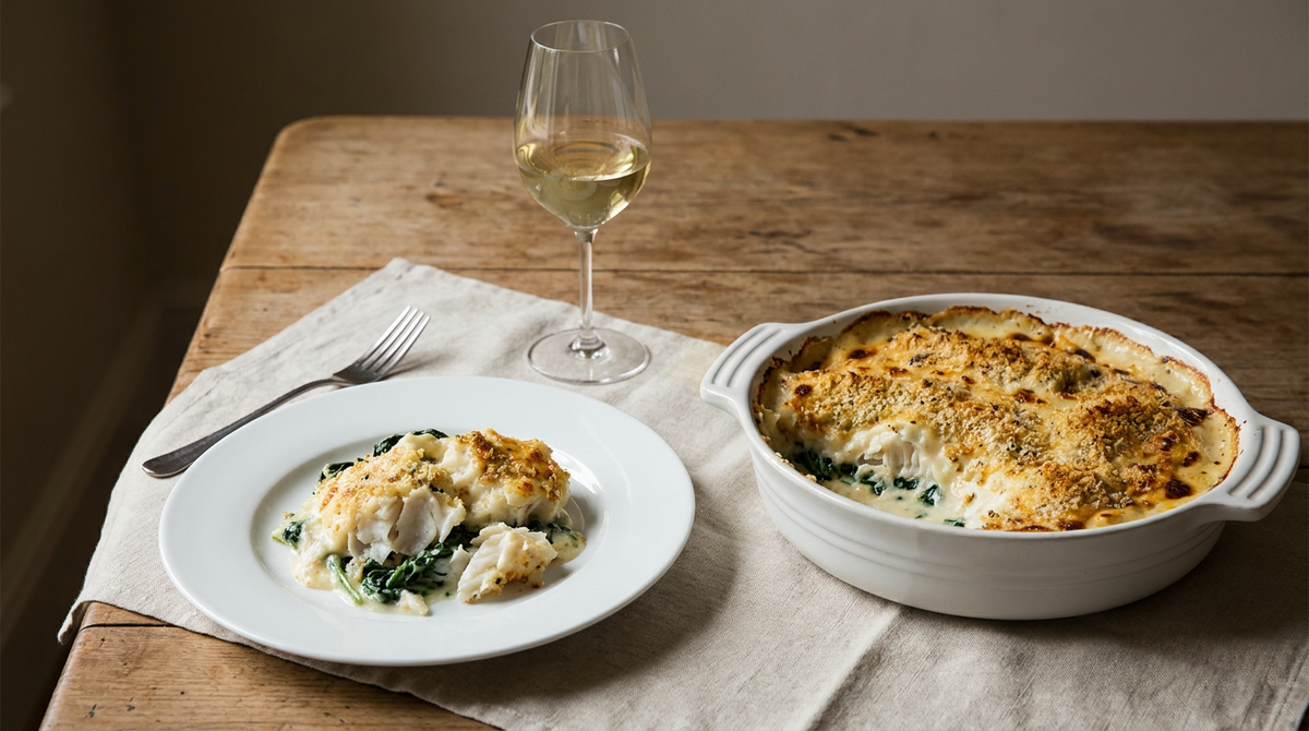 Gratin de cabillaud à la béchamel doré dans son plat, verre de vin blanc