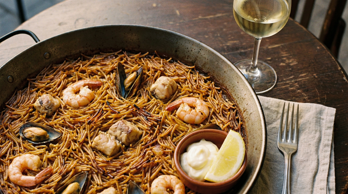 Poêle à paella de fideuà, vermicelles grillés dorés avec crevettes, moules et lotte, coupelle d'aïoli et quartier de citron, verre de vin blanc