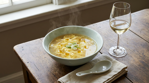 Bol de soupe aux œufs fouettés chinoise, rubans d'œuf dans un bouillon clair, verre de vin blanc