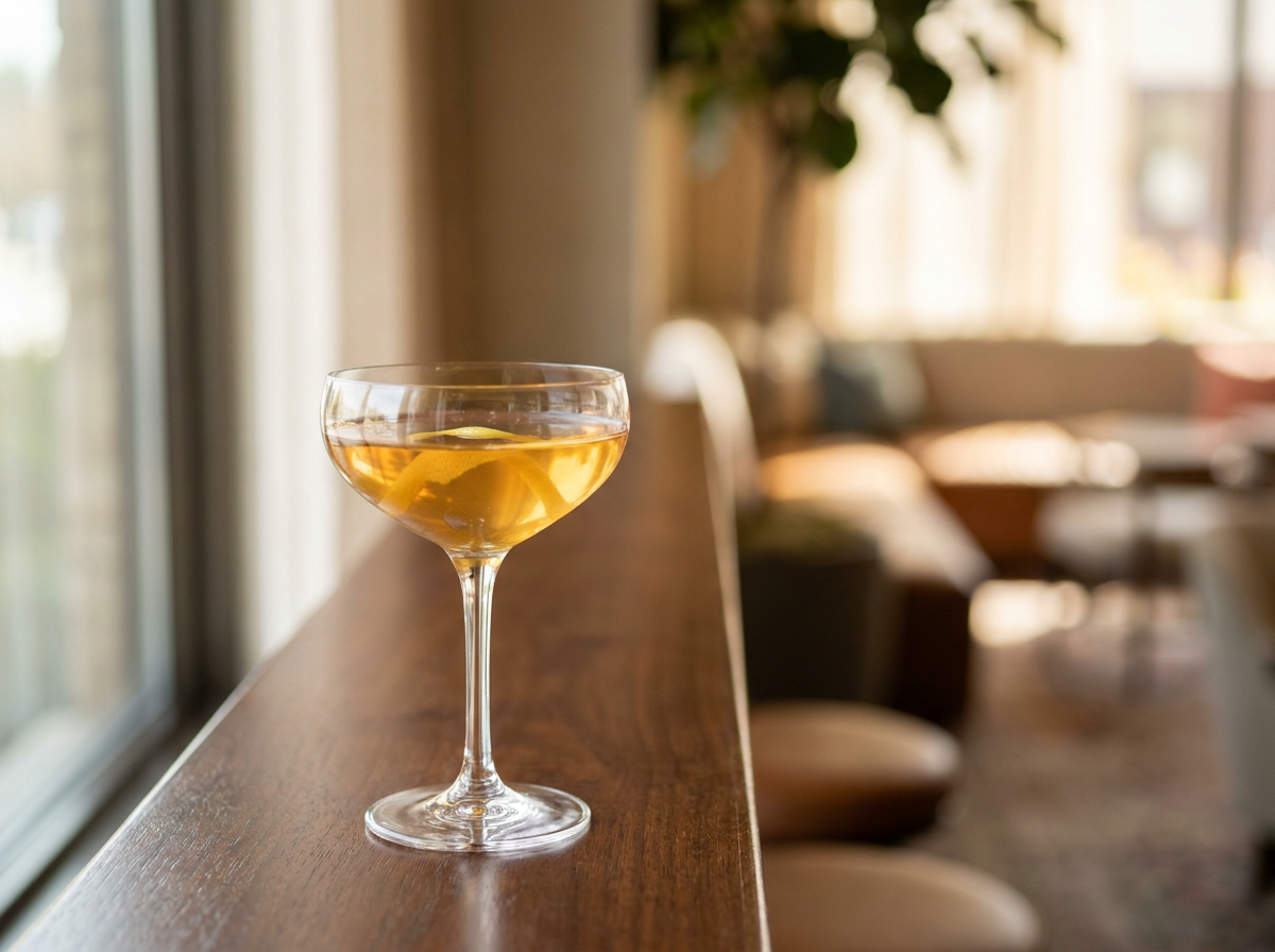 Cocktail Honeymoon en coupe : robe ambrée dorée au calvados, zeste de citron