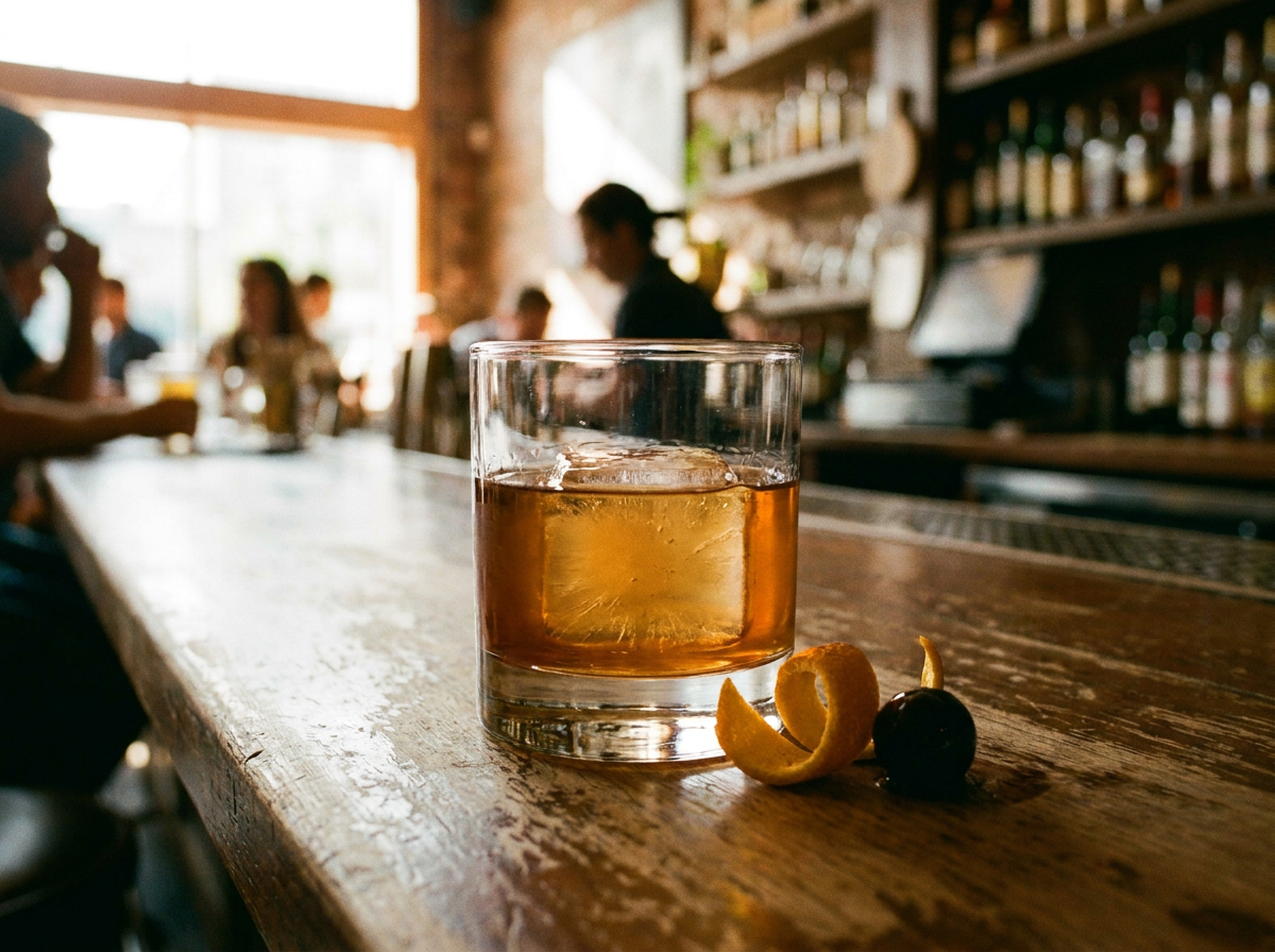 Whiskey Smash : verre bas rempli de glace pilée, bourbon doré, gros bouquet de menthe fraîche