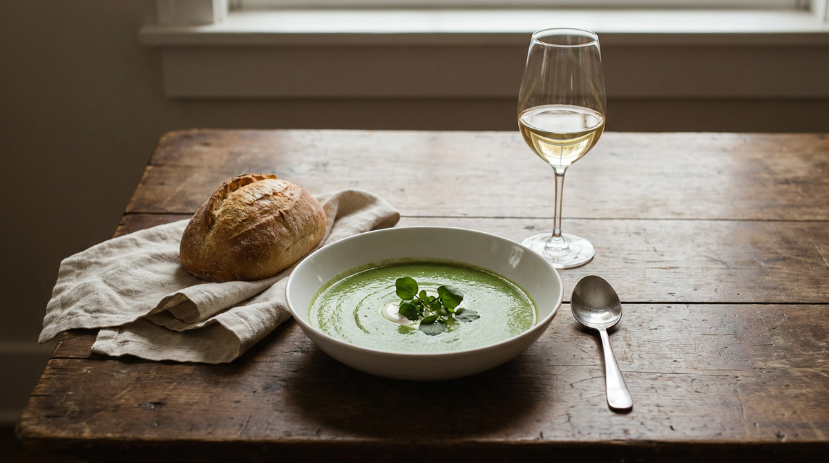 Velouté de cresson vert vif, crème et feuilles de cresson, pain, verre de vin blanc