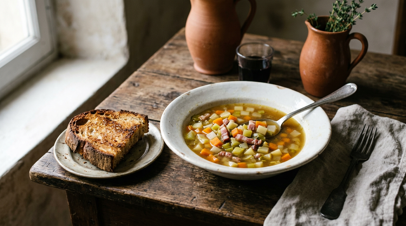 Potage cultivateur dans une assiette creuse en faïence blanche : légumes taillés en petits carrés, carotte, navet, poireau et lardons dans un bouillon doré, pain de campagne grillé et verre de vin rouge