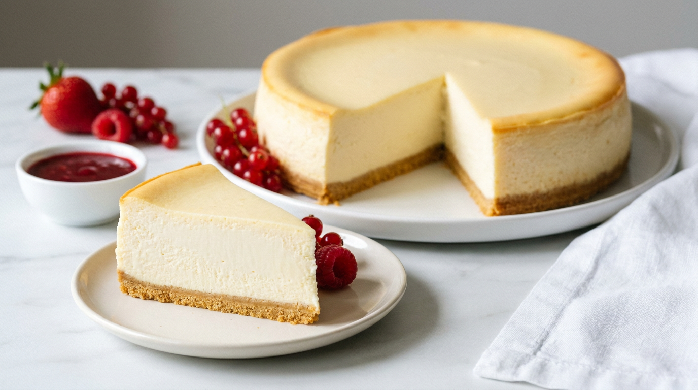 Cheesecake entier à la surface lisse et sans fissure, une part coupée montrant la base de biscuit et l'appareil ivoire crémeux