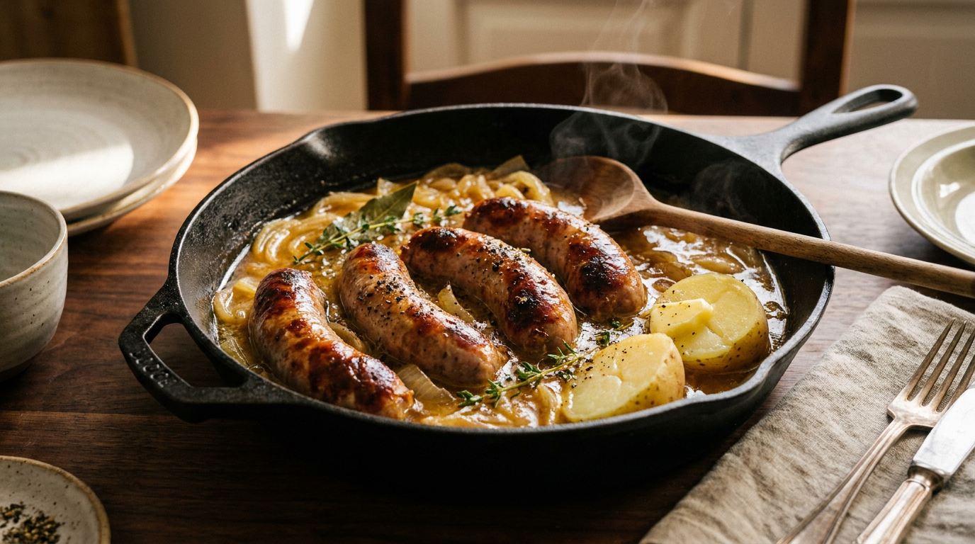 Diots savoyards dorés dans une poêle en fonte, sauce d'oignons au vin blanc réduite